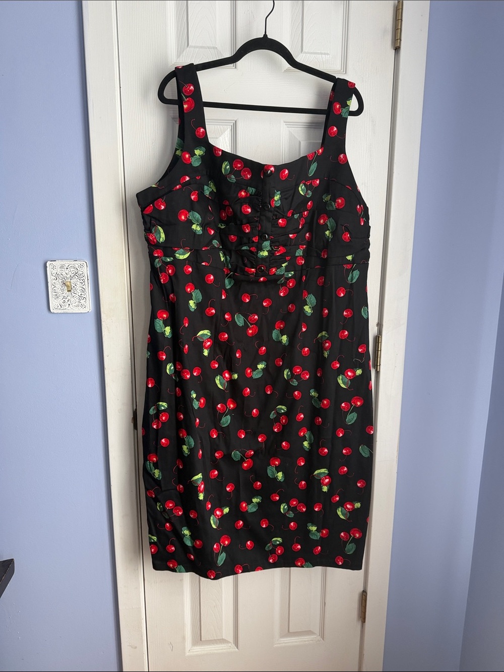 Black Cherry-Print Midi Dress with Sweetheart Bodice
